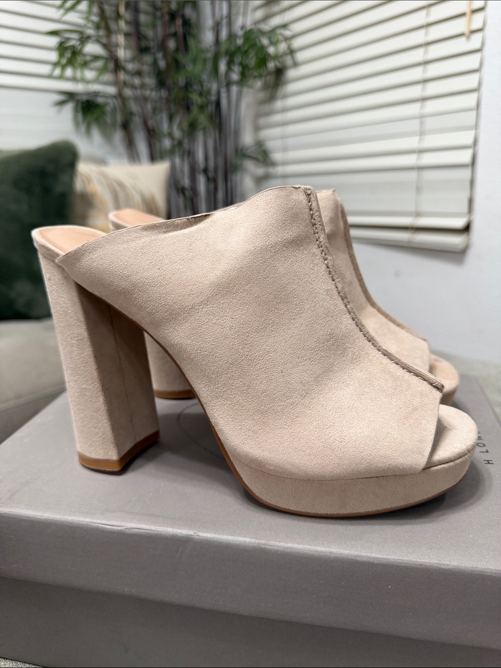 Call It Spring Suede Open-Toe Platform Mule Heels in Light Taupe